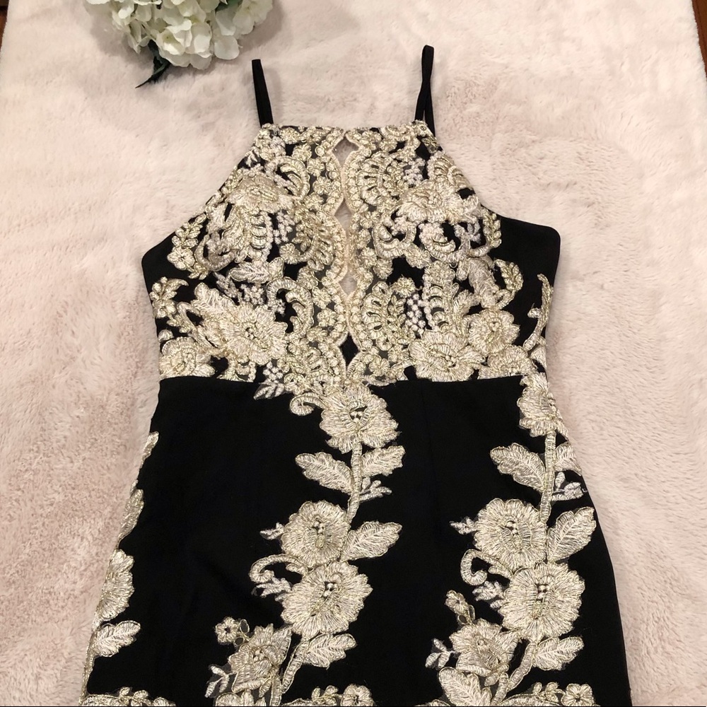 Black and Ecru Floral Embroidered Spaghetti Strap Dress, Size 2